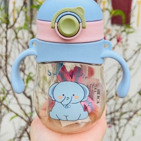 Blue Little Leaf Pals sippy bottle featuring pastel animal pals and adjustable strap