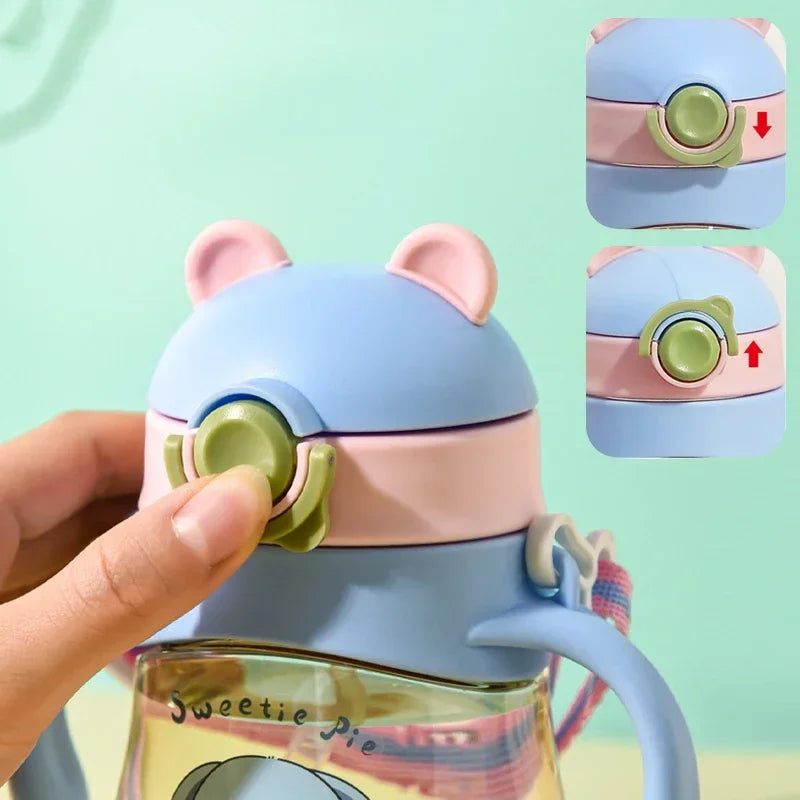 Blue and pink pastel Little Leaf Pals sippy bottles with cute leafy designs and matching straps