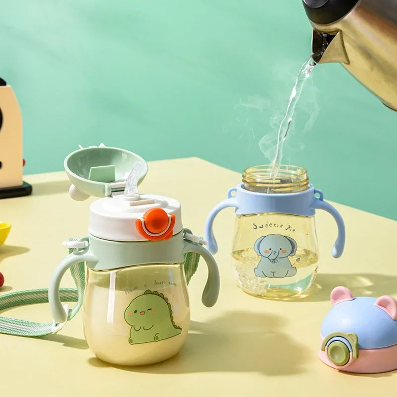 Green and blue Little Leaf Pals sippy bottles with pastel animal pals and adjustable straps