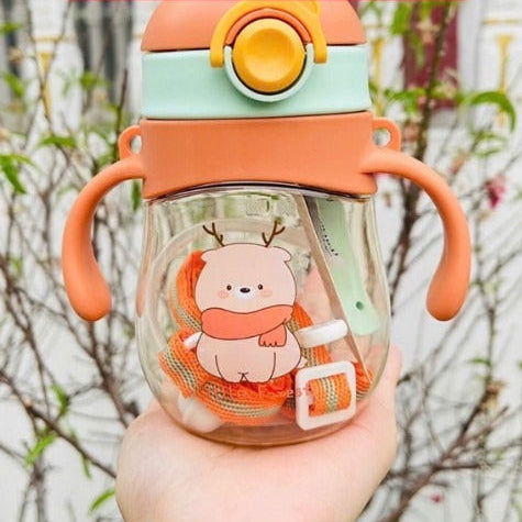 Orange Little Leaf Pals sippy bottle with soft pastel art and matching carrying strap