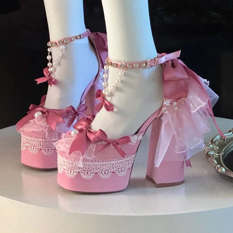 Closeup of Personalized Lolita Bombshell Pink Heels featuring delicate tutu and heart details