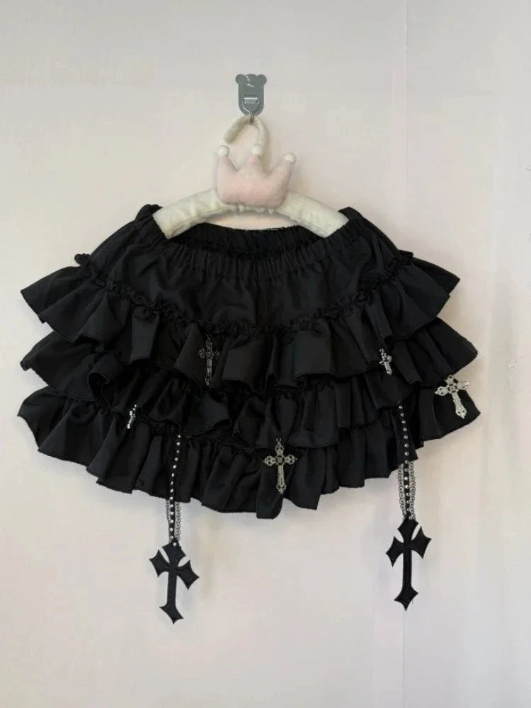 Gothic black lolita skirt with 3D cross details and layered frills for DDLG ABDL soft goth and dark fantasy looks