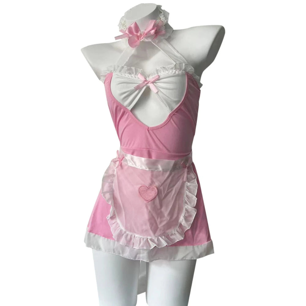 Lolita maid dress cosplay available in multiple sizes with soft fabric, frilly accents, and playful heart details