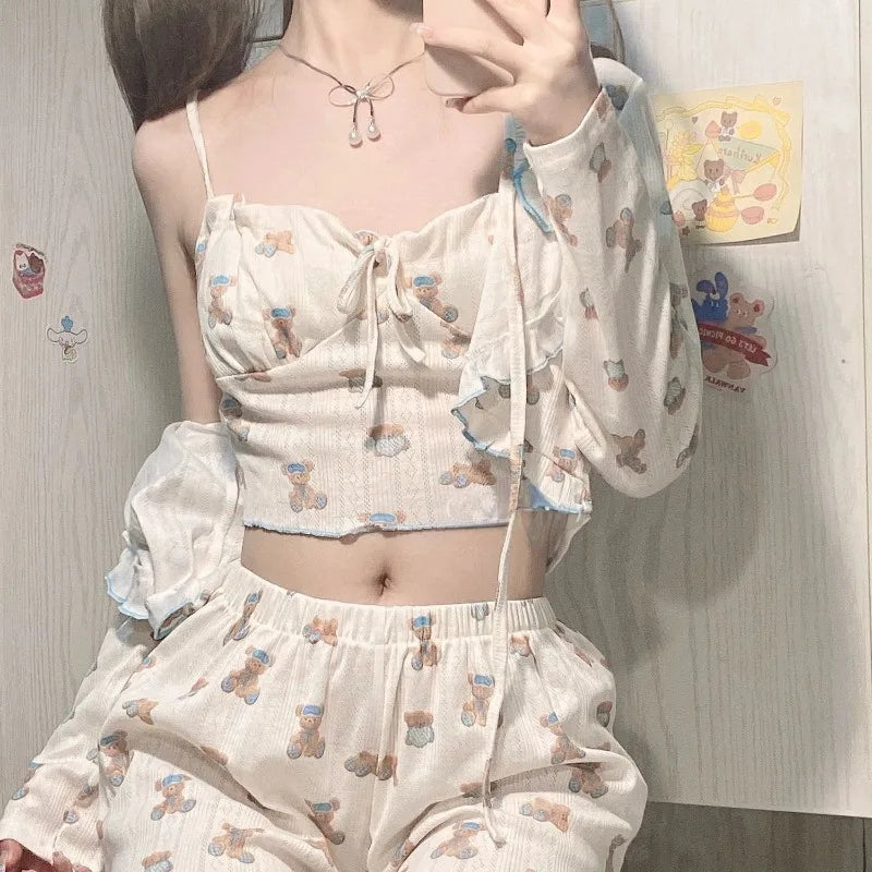 Lolita Teddy Full Set cute teddy bear print loungewear cozy 3-piece outfit