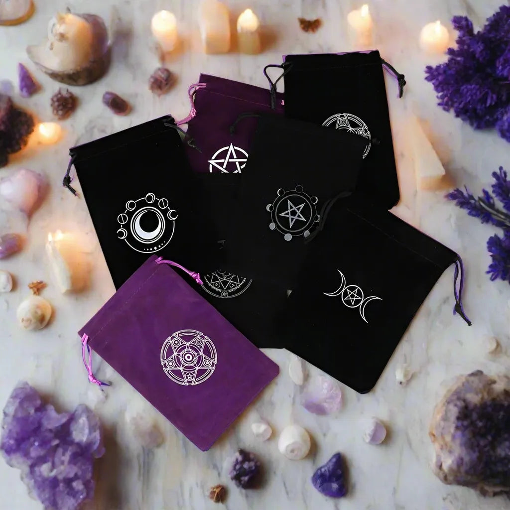 Black Lunar Veil tarot pouch with sacred symbols for ABDL cutecore spiritual card carrying