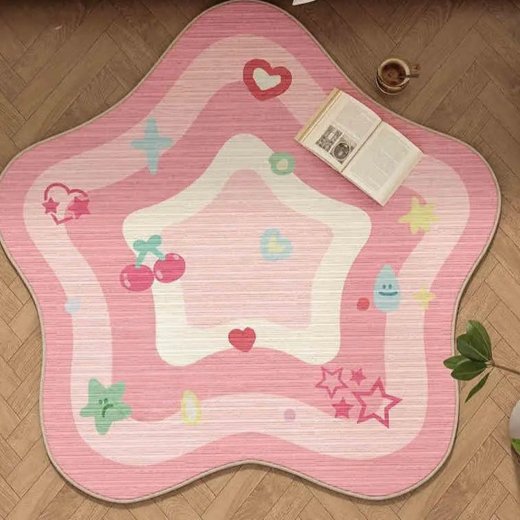 pink star kawaii rug with pastel cherries hearts and stars perfect for DDLG ABDL cozy kawaii rooms