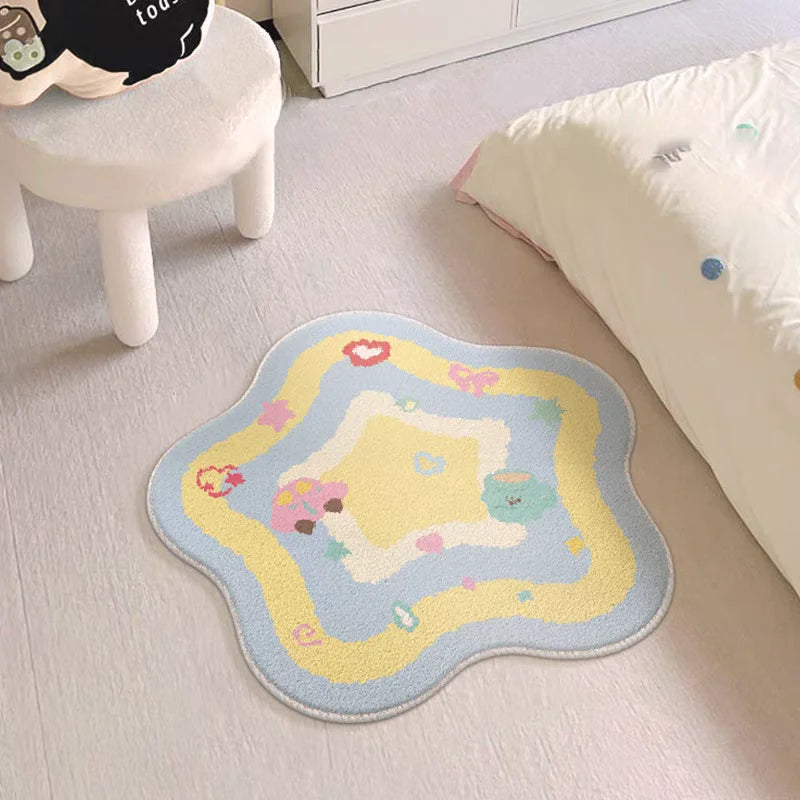 pastel yellow and blue kawaii star rug with hearts cherries and cute icons for cozy DDLG ABDL kawaii vibes