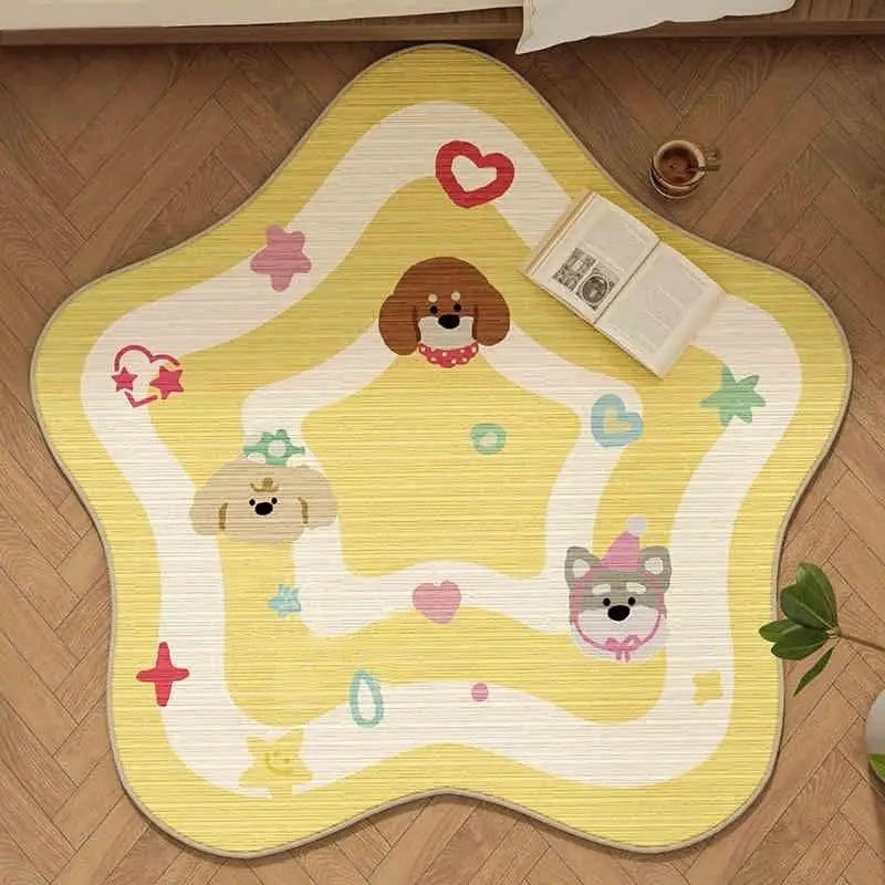 yellow and white kawaii star rug featuring hearts cherries and stars for dreamy DDLG ABDL kawaii aesthetic rooms