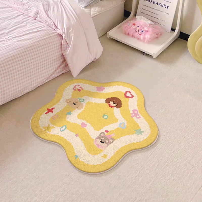 pastel yellow and white kawaii star-shaped rug with playful icons perfect for kawaii ABDL DDLG room decor