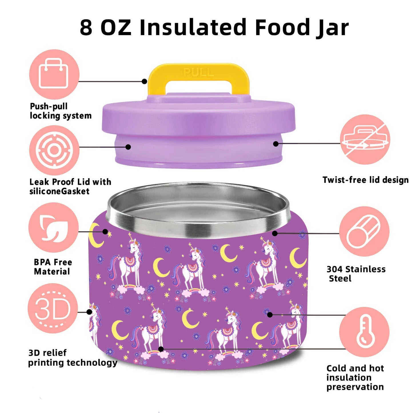 Magical purple unicorn lunch container for DDLG/ABDL, cute kawaii design with spoon and fork included