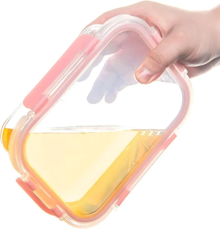 Meal prep glass container set with pink lids, stackable design, microwave and dishwasher safe