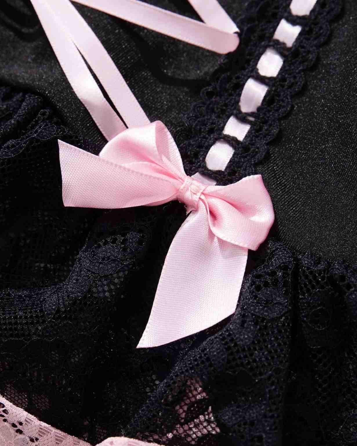 Midnight Blush corset bodysuit bow detail, kawaii pastelcore DDLG lingerie closeup