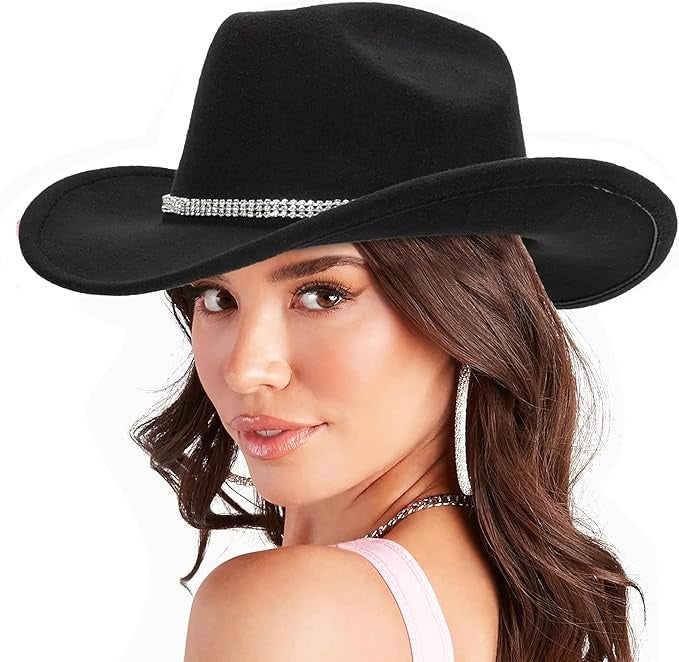 Midnight Glam Cowgirl Hat β black rhinestone sparkle hat combining baddie, kawaii, cutecore, and DDLG little aesthetics for photoshoots, cosplay, or everyday style