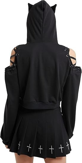 Trendy goth Midnight Kitty Ear Hoodie black cropped with lace-up cut-out shoulders, ddlg kawaii cutecore baddie vibes