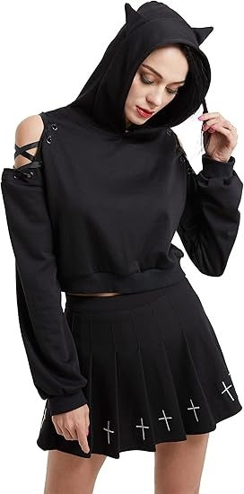Midnight Kitty Ear Hoodie black cropped with cut-out lace-up shoulders, kawaii ddlg cutecore dollcore hoodie