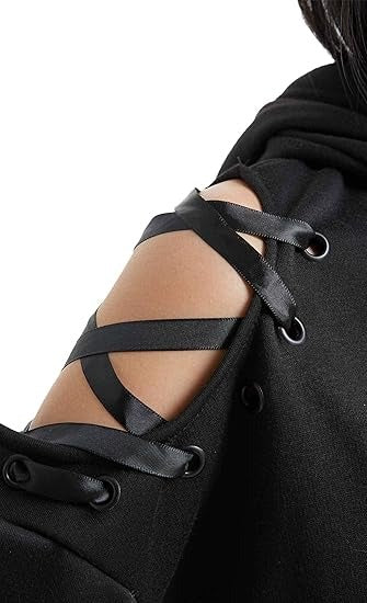 Midnight Kitty Ear Hoodie black cropped with lace-up cut-out shoulders, kawaii ddlg goth cutecore dollcore style