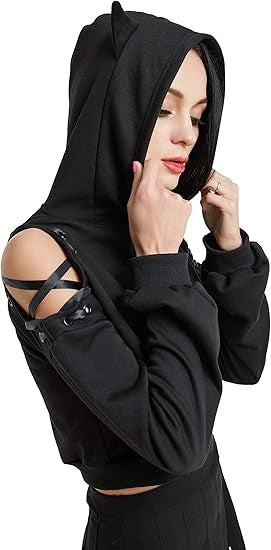 Black cropped Midnight Kitty Ear Hoodie with kitty ears, lace-tied shoulders, perfect for dollcore cutecore ddlg fashion