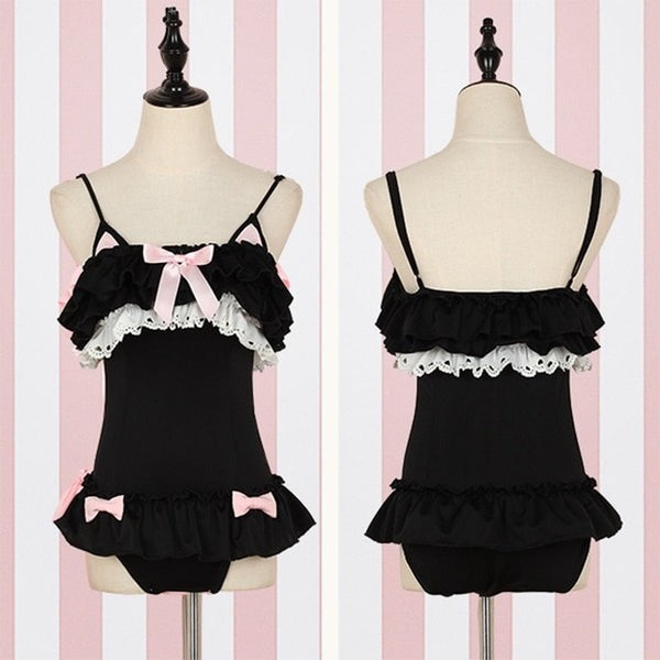 black midnight kitty snuggle onesie with frills, bows, and ears for cutecore DDLG/ABDL little-space play
