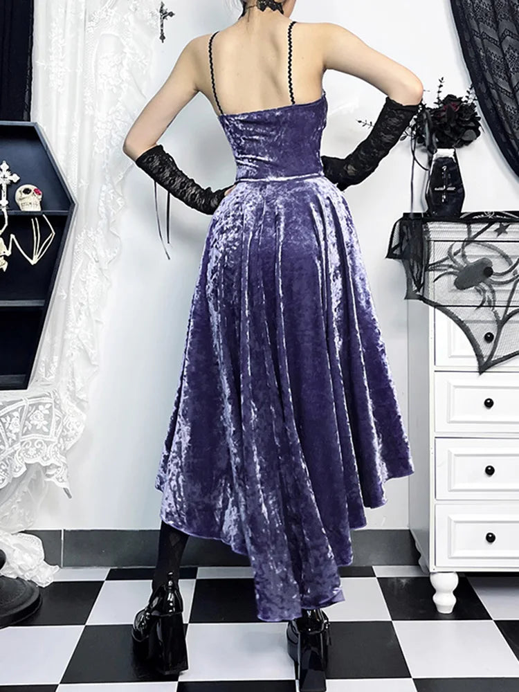 Back view of Midnight Lavender Velour Goth Dress, longer back skirt, 3D cross details, cozy plush velour, gothic kawaii fashion π€β¨