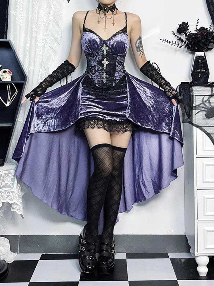 Detailed view of Midnight Lavender Velour Goth Dress, 3D cross embellishments, diagonal lace skirt, plush velour, sexy gothic cutecore aesthetic ππ