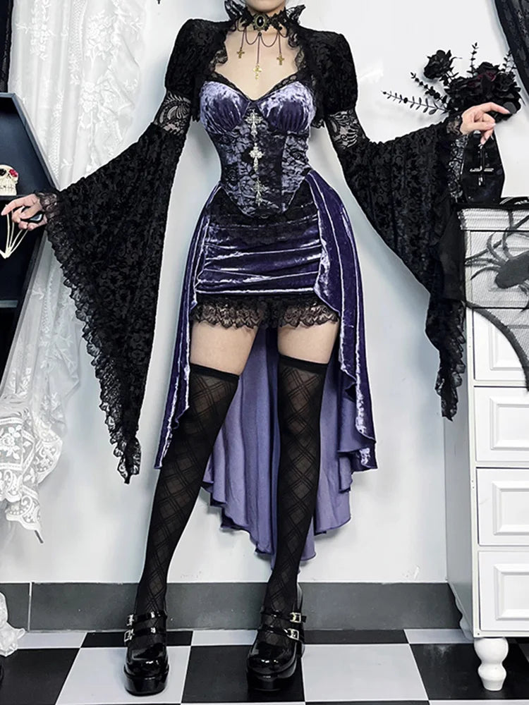 Midnight Lavender Velour Goth Dress front view, lacy diagonal skirt with 3D cross details, soft plush velour top, sexy goth cutecore outfit ππ