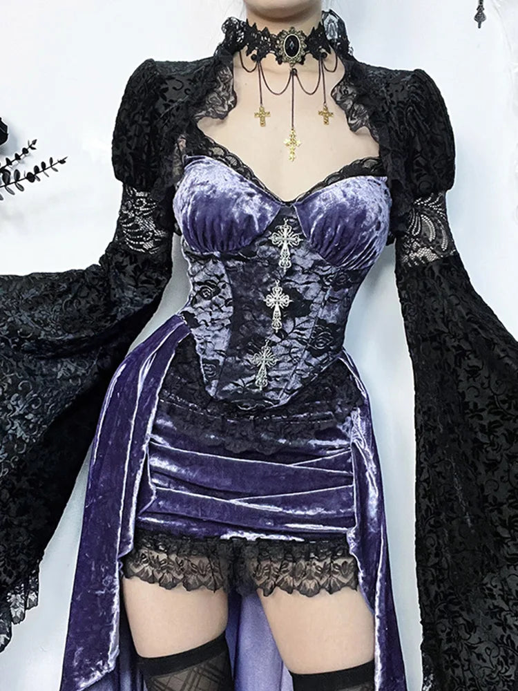 Model wearing Midnight Lavender Velour Goth Dress front view, lacy diagonal skirt, 3D cross detail, sexy gothic cutecore outfit ππ€