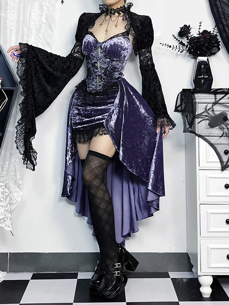 Side view model wearing Midnight Lavender Velour Goth Dress, plush velour top, flowing diagonal skirt, gothic kawaii style β¨π