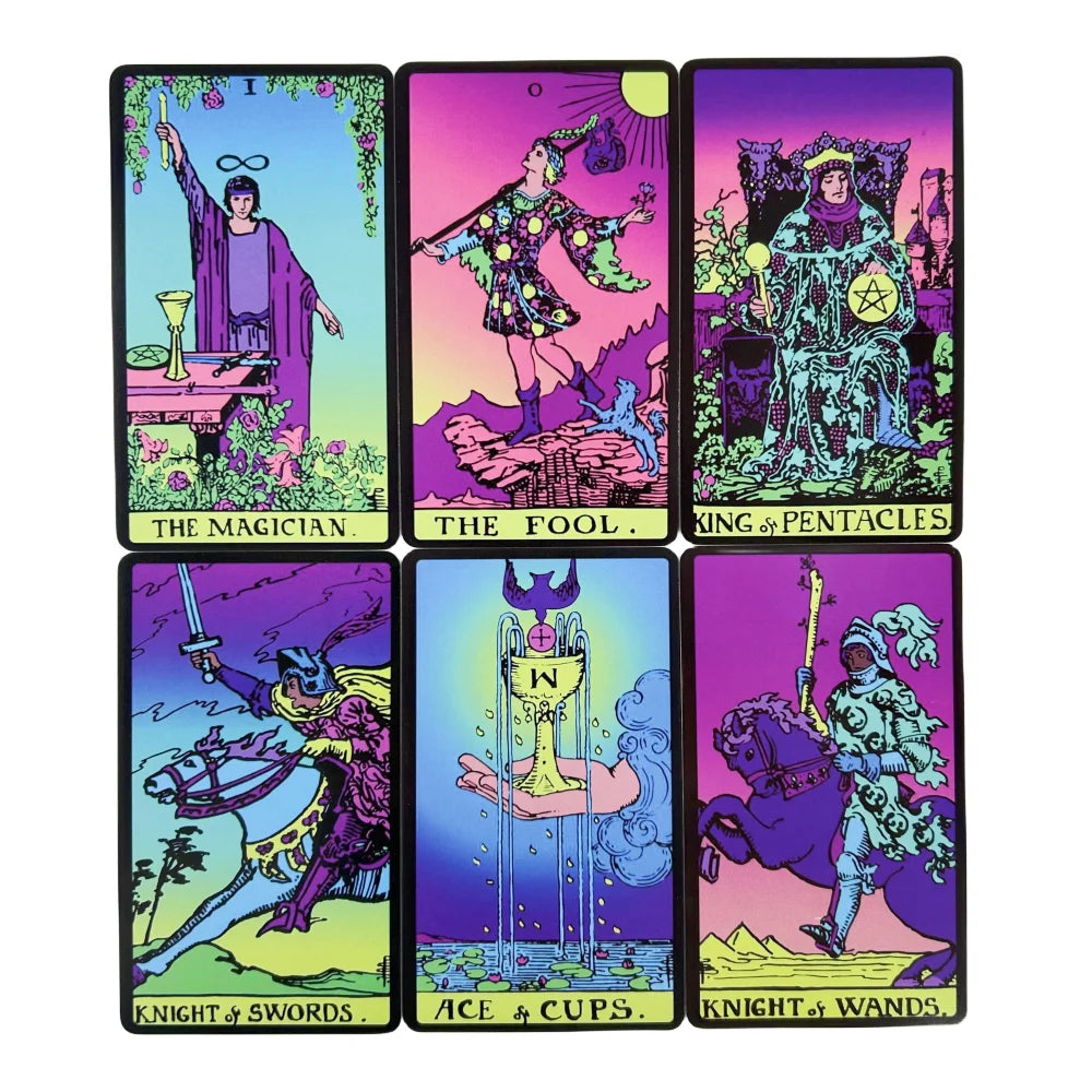 Midnight Neon Tarot cards in classic deck style with glowing accents, ABDL DDLG kawaii aesthetic.