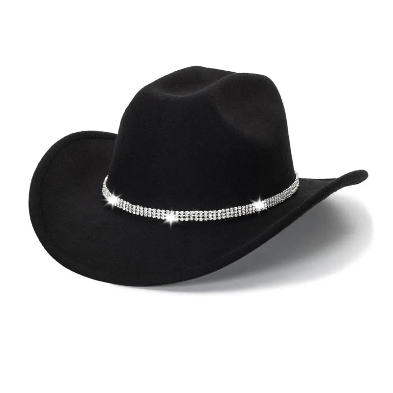Midnight Sparkle Cowgirl Hat deep black with sparkling rhinestones, kawaii cutecore DDLG baddie accessory