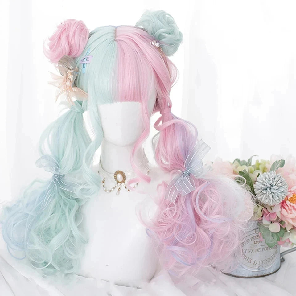 Minty Bubblegum split wig with pastel mint and pink tones for kawaii, DDLG, and cosplay