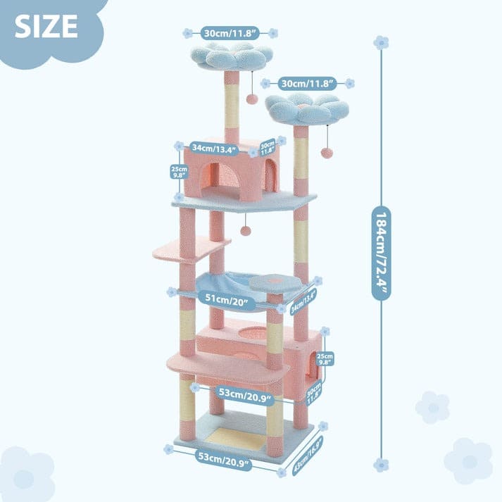 Stylish pastel cat tower with sisal scratching posts and padded perches for climbers and nappers.