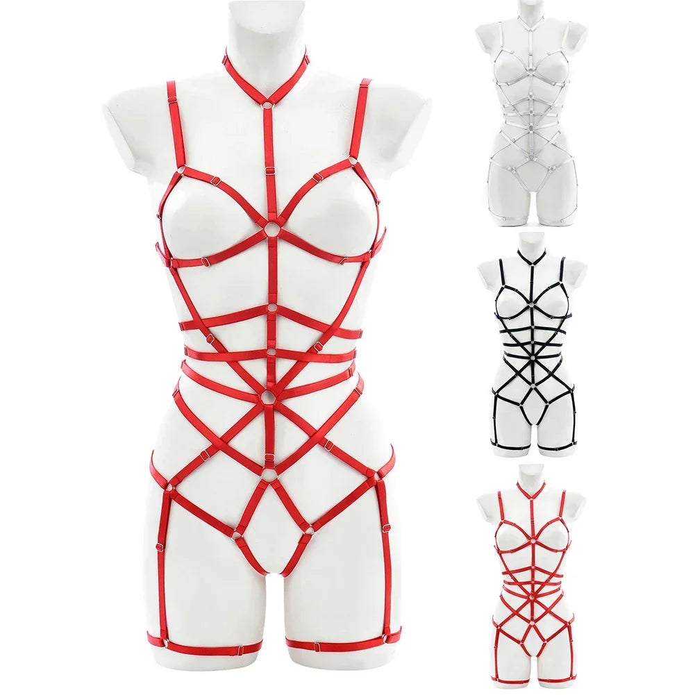Strap to the Max Harness Set showing black, white, and red colors, one size fits 40–65 kg (88–143 lbs), edgy cutebaddie, festival and lingerie look