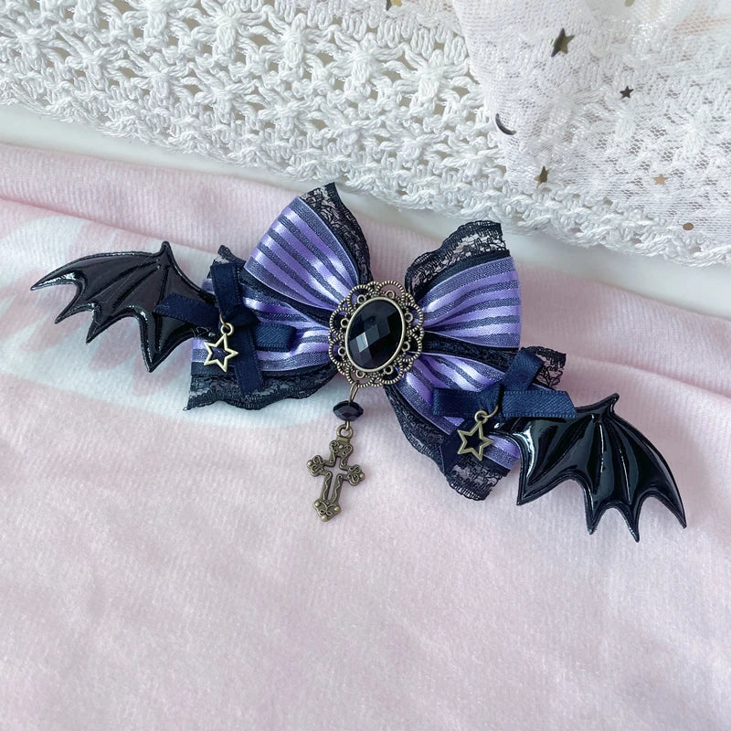 Mystic Amethyst Brooch, elegant statement accessory with bat wing and dark kawaii details for cutecore outfits