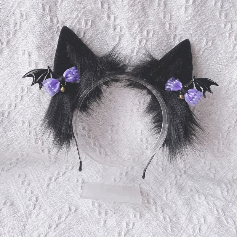 Mystic Amethyst Cat Ears, plush purple and black ears with bat wing accents for cutecore and DDLG style