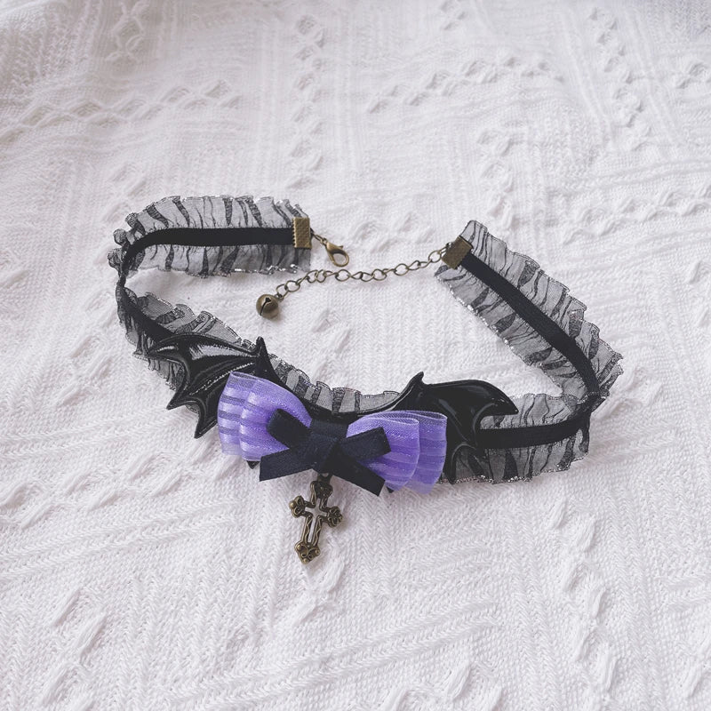 Mystic Amethyst Cross Choker, elegant lace and bat wing details for edgy kawaii and dollcore looks