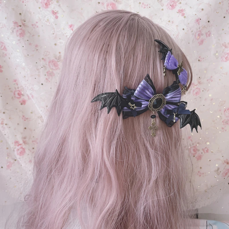 Mystic Amethyst Hair Clip, delicate lace and bat wing details for kawaii, DDLG, and alternative fashion