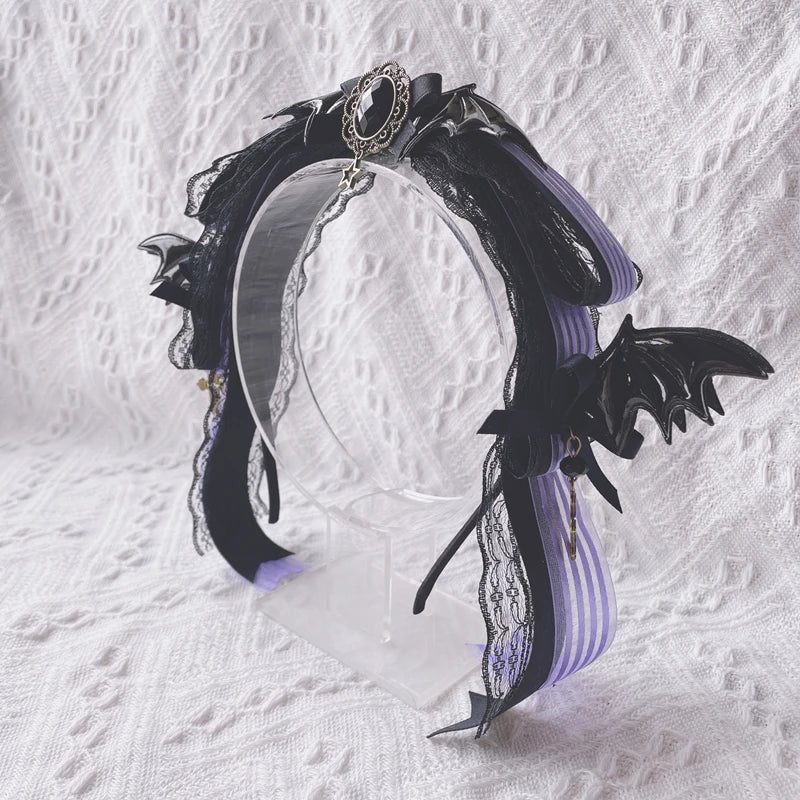 Mystic Amethyst Headband, regal purple and black accessory with bat wing accents for dollcore and cutecore