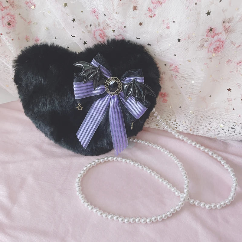 Mystic Amethyst Pearl Heart Accessory, kawaii plush heart with delicate details for dollcore fashion