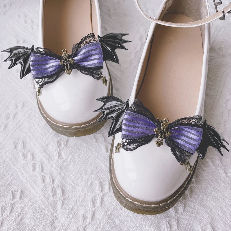 Mystic Amethyst Shoe Clips, cute purple and black accessories with bat wing details for kawaii DDLG fashion