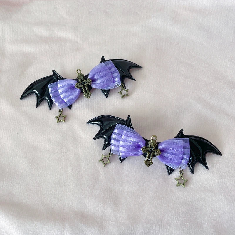 Mystic Amethyst Side Hair Clips, plush and lace bat wing accessories for DDLG, kawaii, and cutecore style