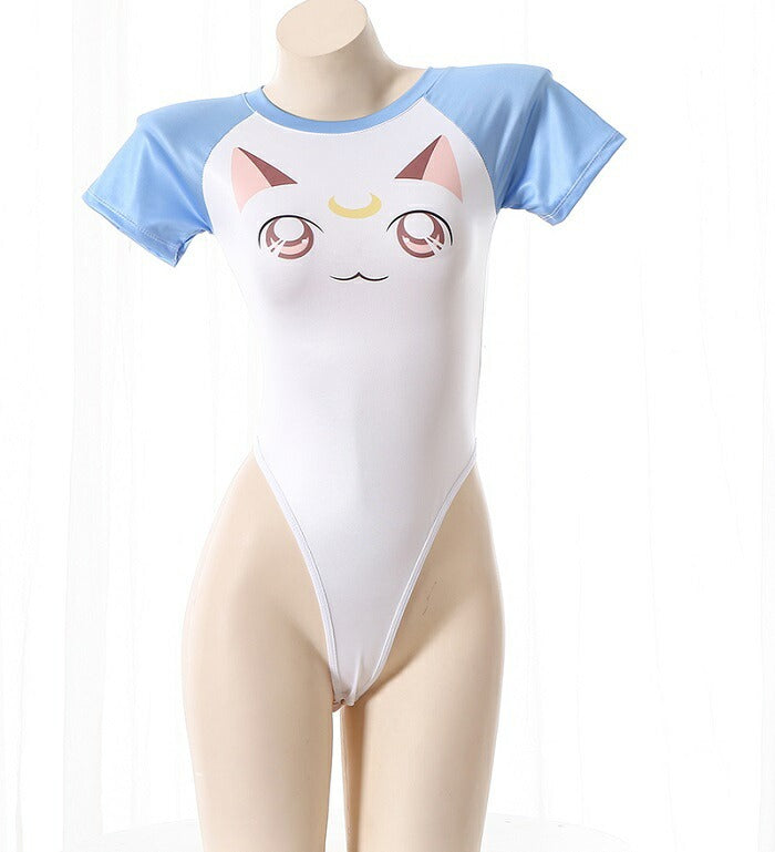 Mystic Meow Onesie in soft blue pastel, moon & kitty print, cozy cutecore babygirl ddlg abdL vibes