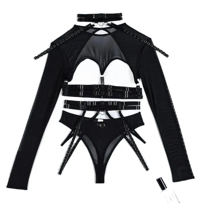 Naughty Doll Mesh Fantasy 3-piece set in black with edgy mesh and sexy cutouts