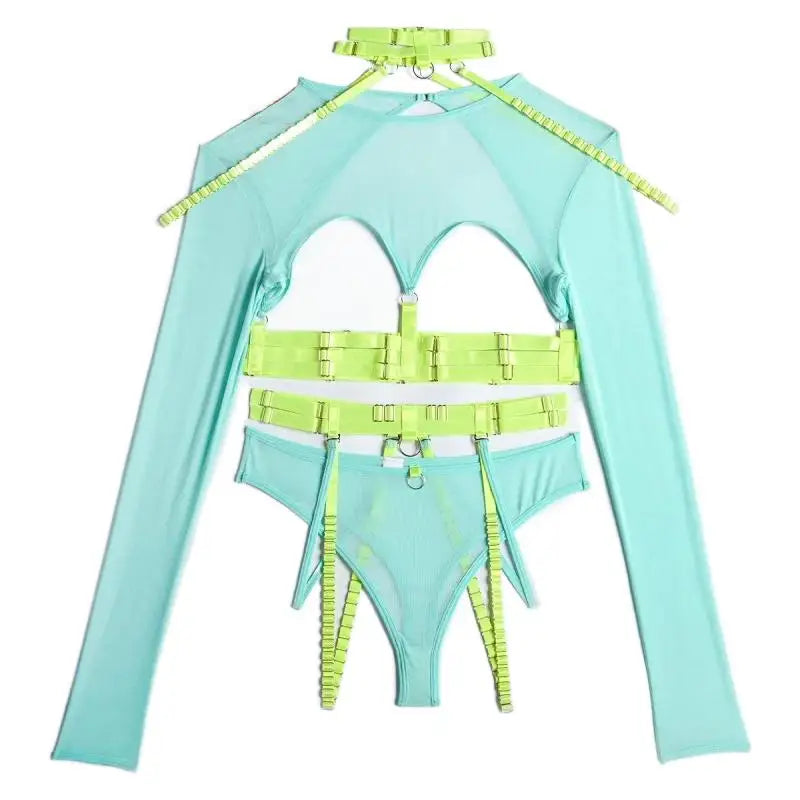 Green-blue Naughty Doll Mesh Fantasy 3-piece set for flirty roleplay and dollcore vibes
