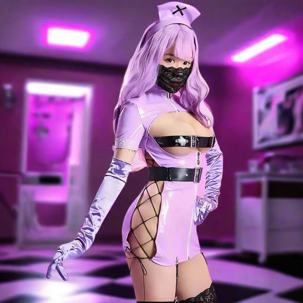 Naughty Pulse Check Nurse Set in glossy purple latex with hollow chest and lace cutouts, perfect for DDLG play