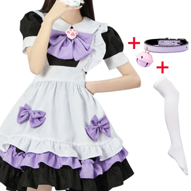 Neko on Duty Maid Dress Set in black and purple, kawaii DDLG/ABDL cosplay and cutecore outfit