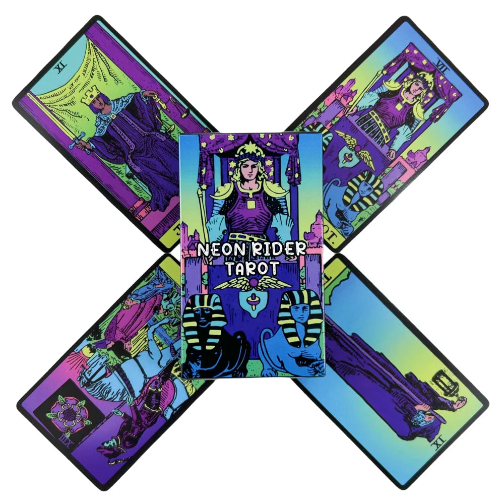 Neon Classic Tarot deck with midnight tones and luminous energy, ABDL DDLG cutecore mystical card set.