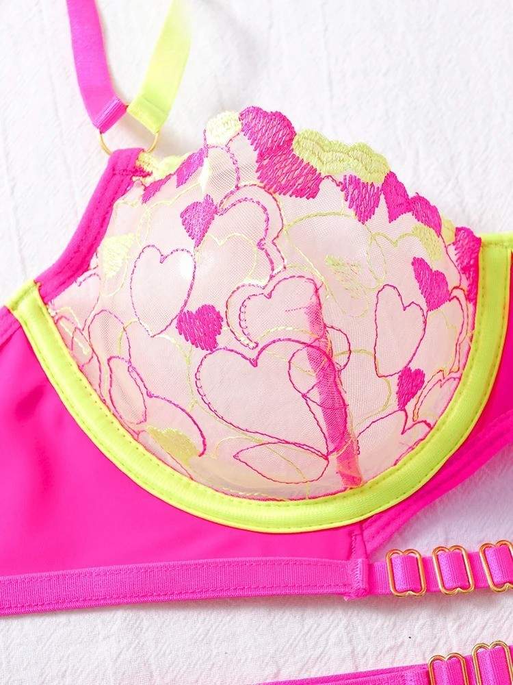 Neon Love Spell bratty lingerie set with mesh hearts, kawaii and playful lingerie for DDLG baddies.