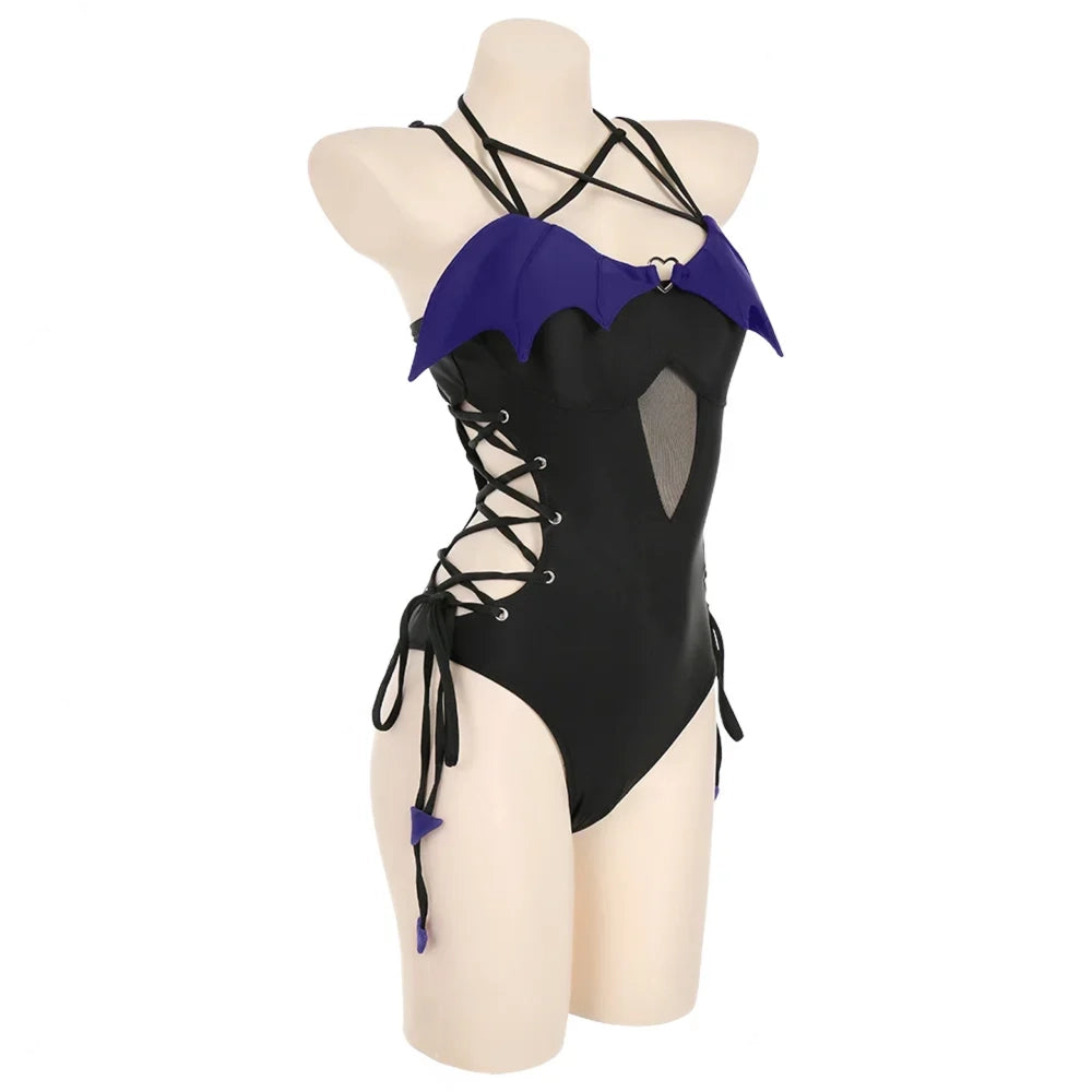 Dark blue kawaii bodysuit with bat wings, demon-tail lace ends, and dollcore style