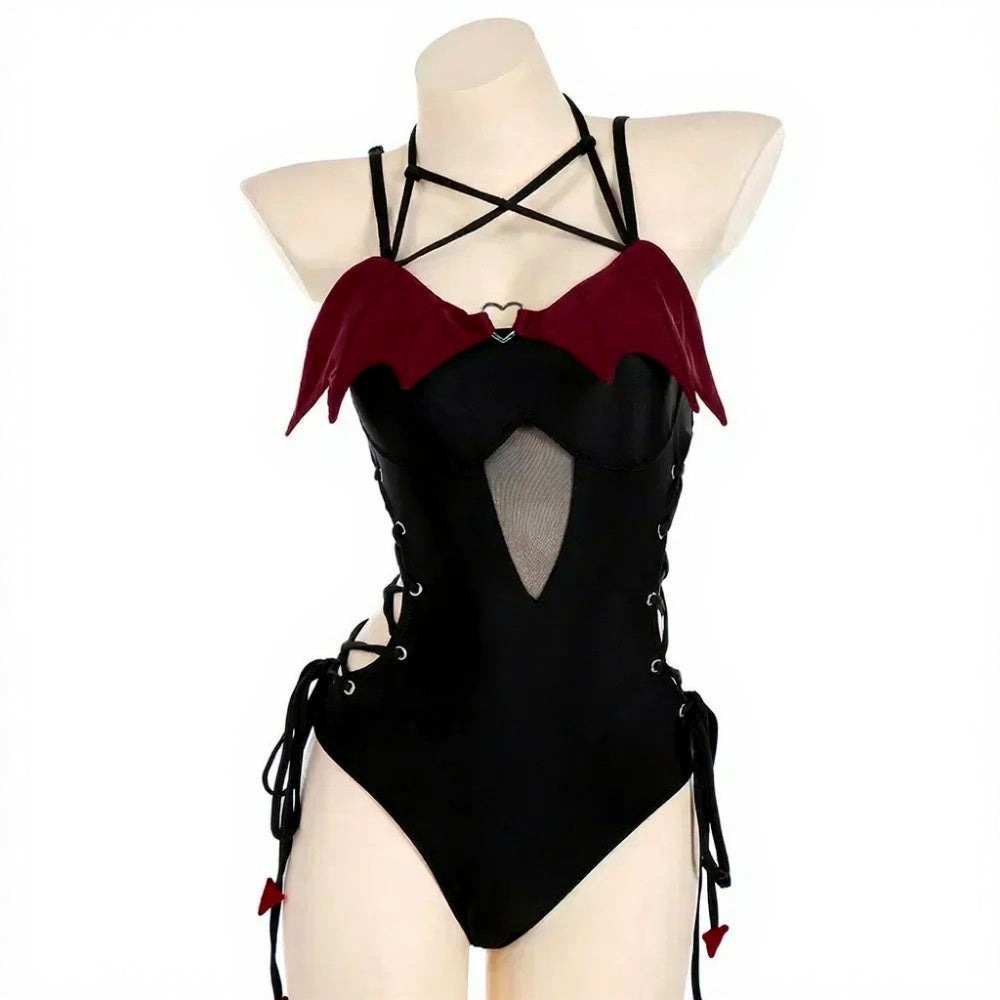 Gothic cutecore Nocturnal Beauty bodysuit in dark red with bat wings and lace straps