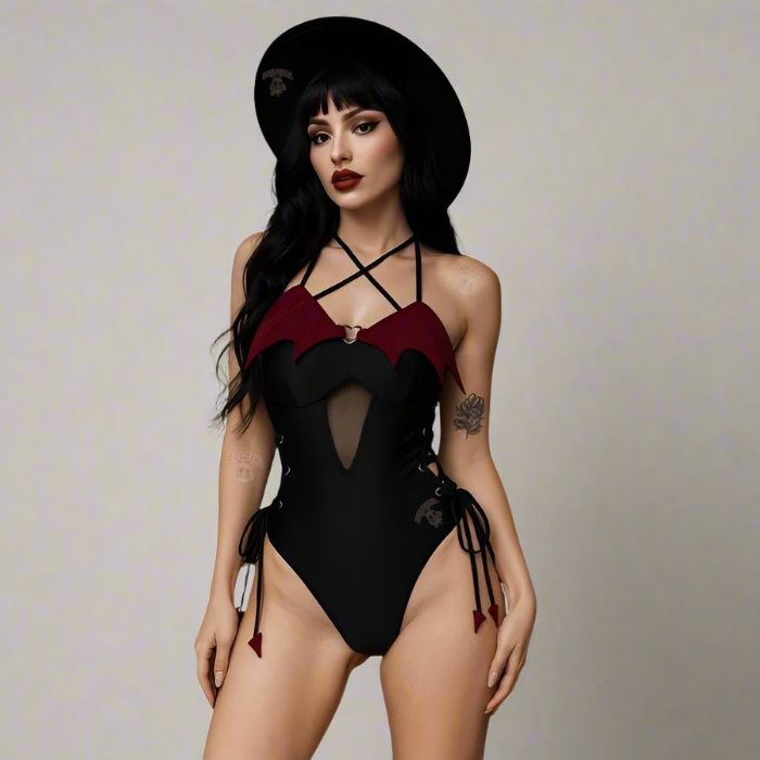 Nocturnal Beauty Bodysuit with gothic bat wings, lace sides, and dollcore DDLG aesthetic